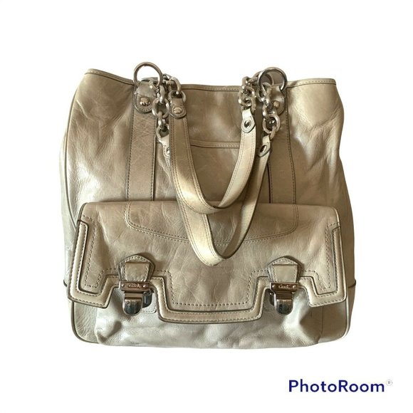 Coach Kristen Hobo Bag Taupe Beige Leather L Double Chain Handles Should… - Picture 1 of 8